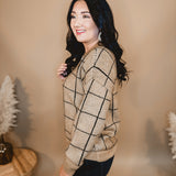 Grid Print Long Sleeve Sweater - Khaki/Black