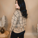 Grid Print Long Sleeve Sweater - Khaki/Black