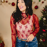 Mesh Lace High Neck Long Sleeve Top - Burgundy