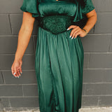 Washed Satin Lace Maxi Dress - Emerald