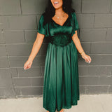 Washed Satin Lace Maxi Dress - Emerald