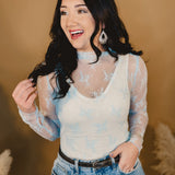 Mesh Lace High Neck Long Sleeve Top - Light Blue