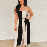 Color Block Linen Wide Leg Jumpsuit - Natural/Black - Lace and Grace Boutique
