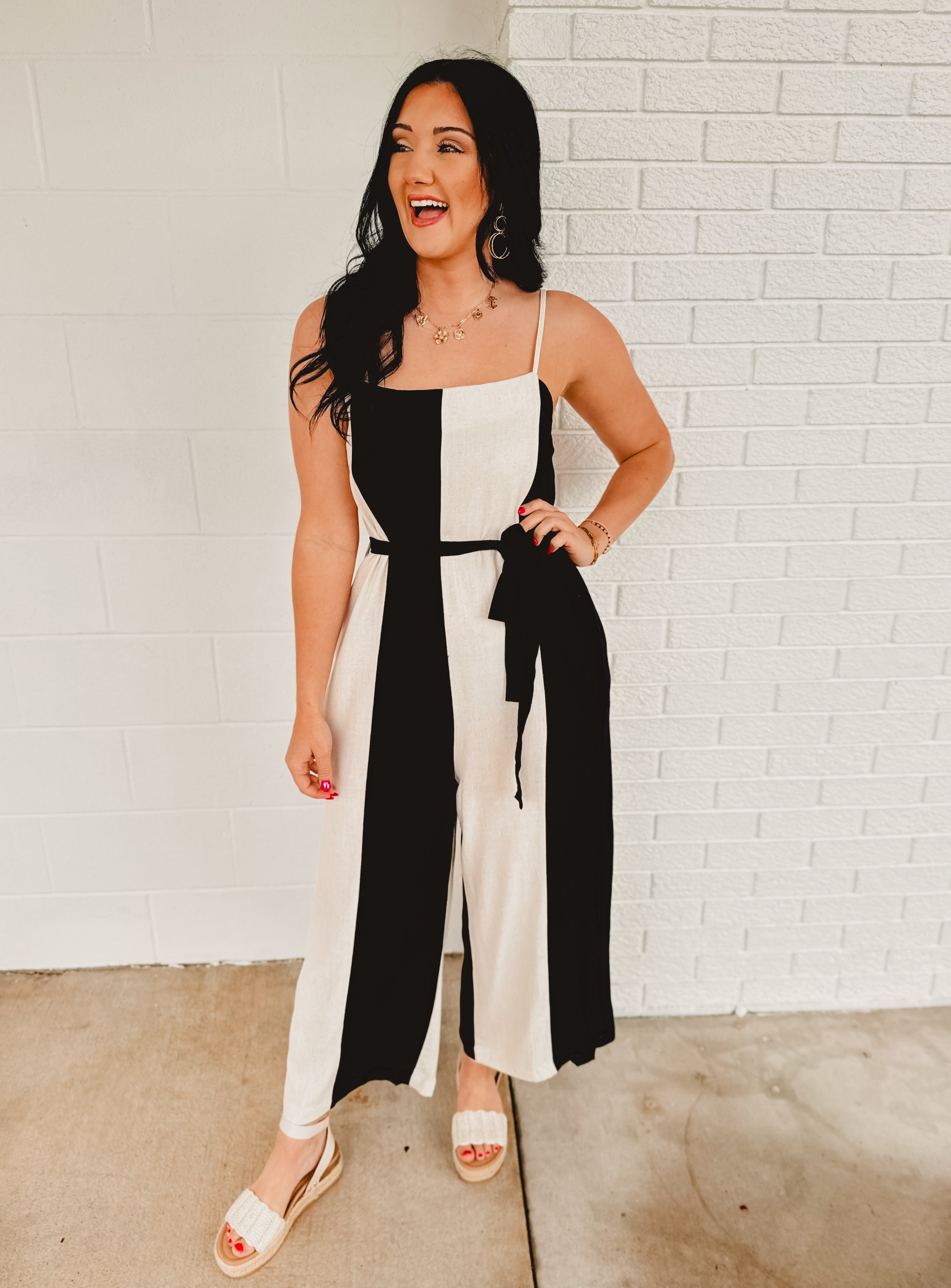 Color Block Linen Wide Leg Jumpsuit - Natural/Black - Lace and Grace Boutique