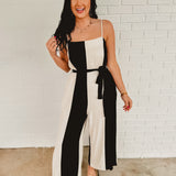 Color Block Linen Wide Leg Jumpsuit - Natural/Black - Lace and Grace Boutique