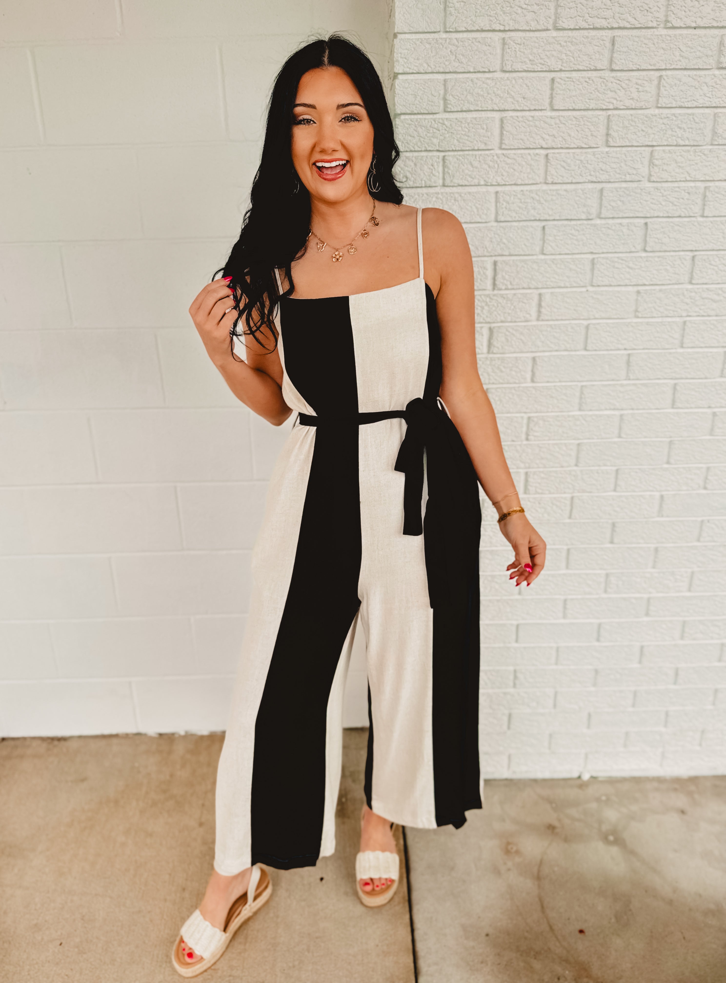 Color Block Linen Wide Leg Jumpsuit - Natural/Black - Lace and Grace Boutique