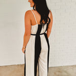 Color Block Linen Wide Leg Jumpsuit - Natural/Black - Lace and Grace Boutique