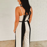 Color Block Linen Wide Leg Jumpsuit - Natural/Black - Lace and Grace Boutique
