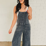 Mineral Washed Cotton Gauze Overalls - Faded Denim Black
