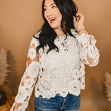 Bell Sleeve Crochet Knit Sweater Top - Natural