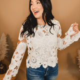 Bell Sleeve Crochet Knit Sweater Top - Natural