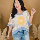Daisy Crochet Knit Sweater - Ivory / Blue