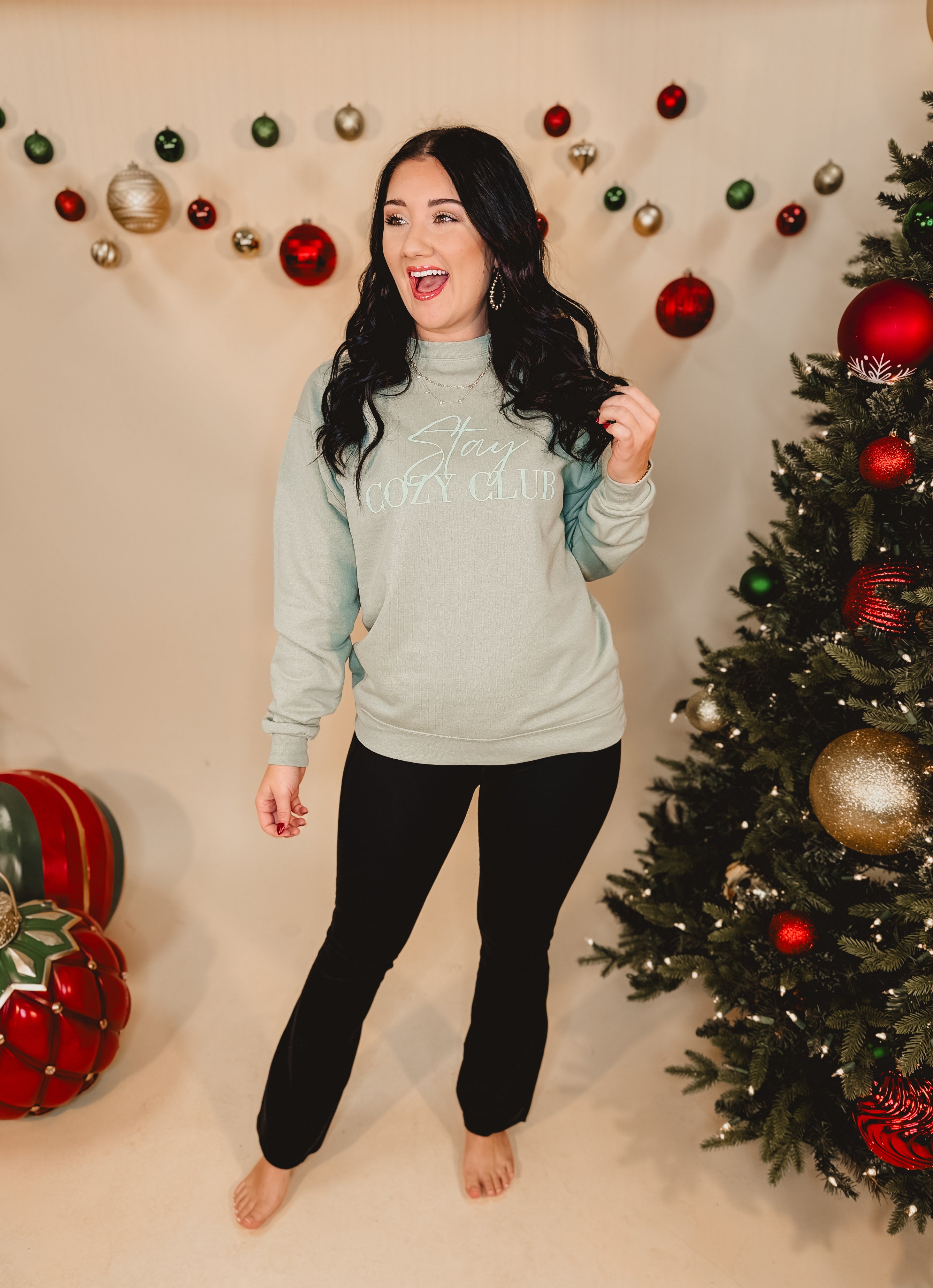 Stay Cozy Club Crewneck Sweatshirt - Light Green - Lace and Grace Boutique