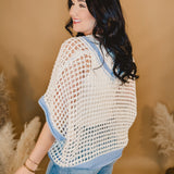 Daisy Crochet Knit Sweater - Ivory / Blue