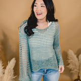 Dropped Shoulder Open Knit Boat Neck Sweater Top - Dusty Teal