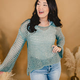 Dropped Shoulder Open Knit Boat Neck Sweater Top - Dusty Teal