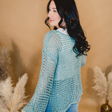 Dropped Shoulder Open Knit Boat Neck Sweater Top - Dusty Teal