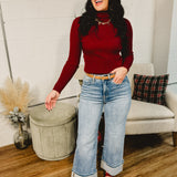 Mock Neck Ribbed Knit Top - Burgundy