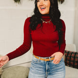 Mock Neck Ribbed Knit Top - Burgundy