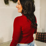Mock Neck Ribbed Knit Top - Burgundy