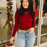 Mock Neck Ribbed Knit Top - Burgundy