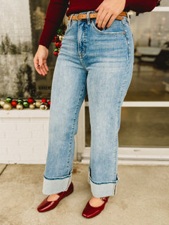 Mica Super High Rise Cuffed Hem Wide Leg Jean - Capri Blue - Lace and Grace Boutique