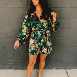 Floral Satin Wrap Dress - Emerald
