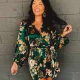 Floral Satin Wrap Dress - Emerald