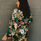 Floral Satin Wrap Dress - Emerald
