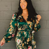Floral Satin Wrap Dress - Emerald