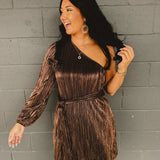One-Shoulder Shimmer Mini Dress - Metallic Bronze