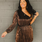 One-Shoulder Shimmer Mini Dress - Metallic Bronze