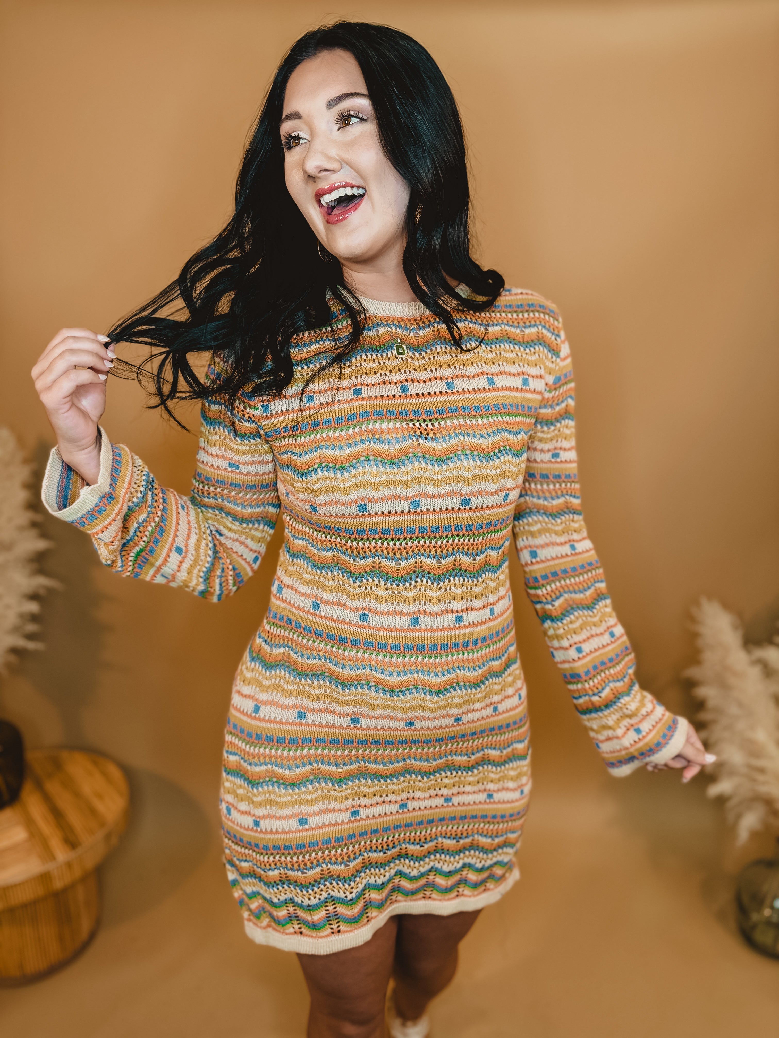 Crochet Long Sleeve Boho Dress - Taupe Multi - Lace and Grace Boutique