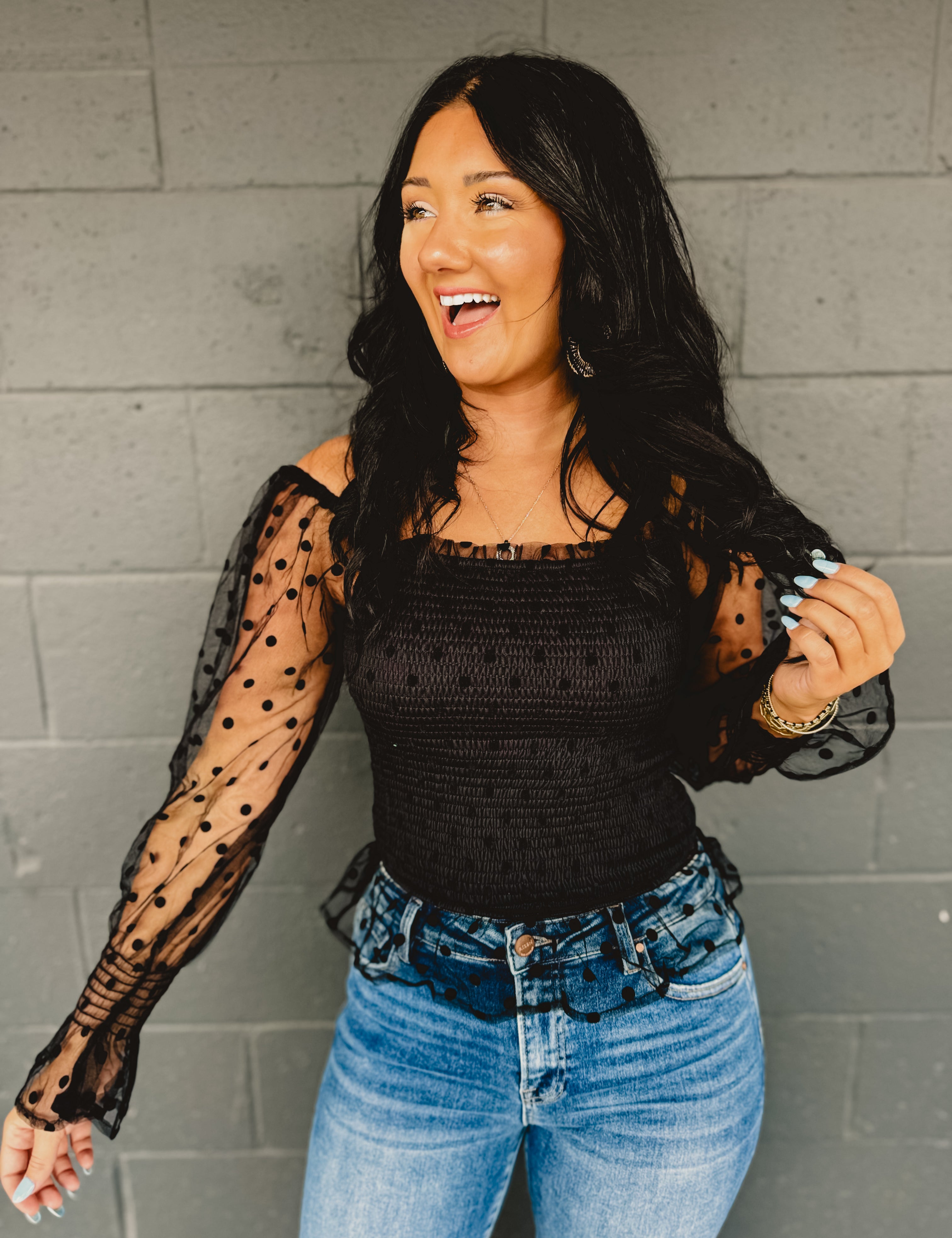 Dotted Mesh Sleeve Top - Black - Lace and Grace Boutique