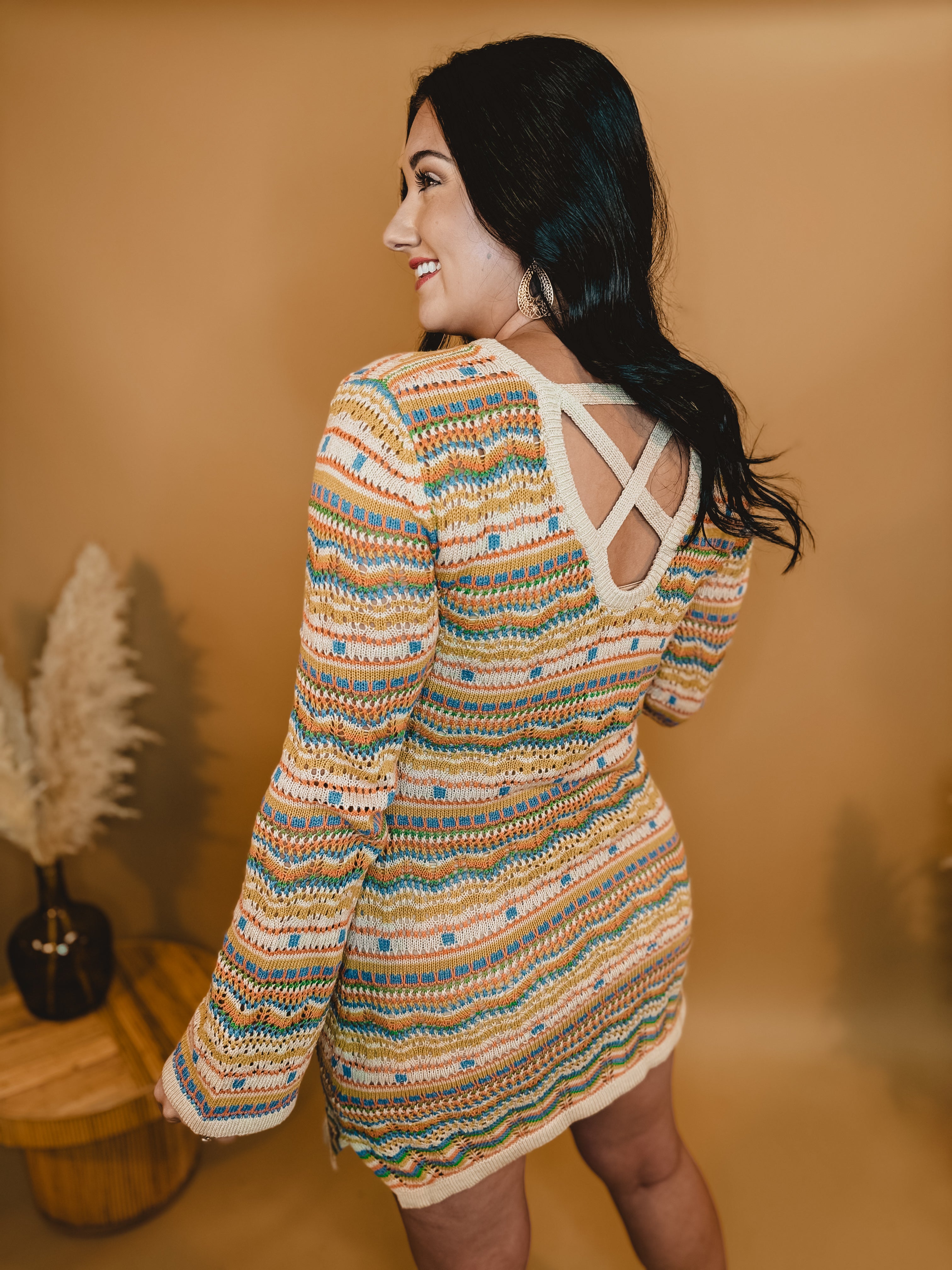 Crochet Long Sleeve Boho Dress - Taupe Multi - Lace and Grace Boutique