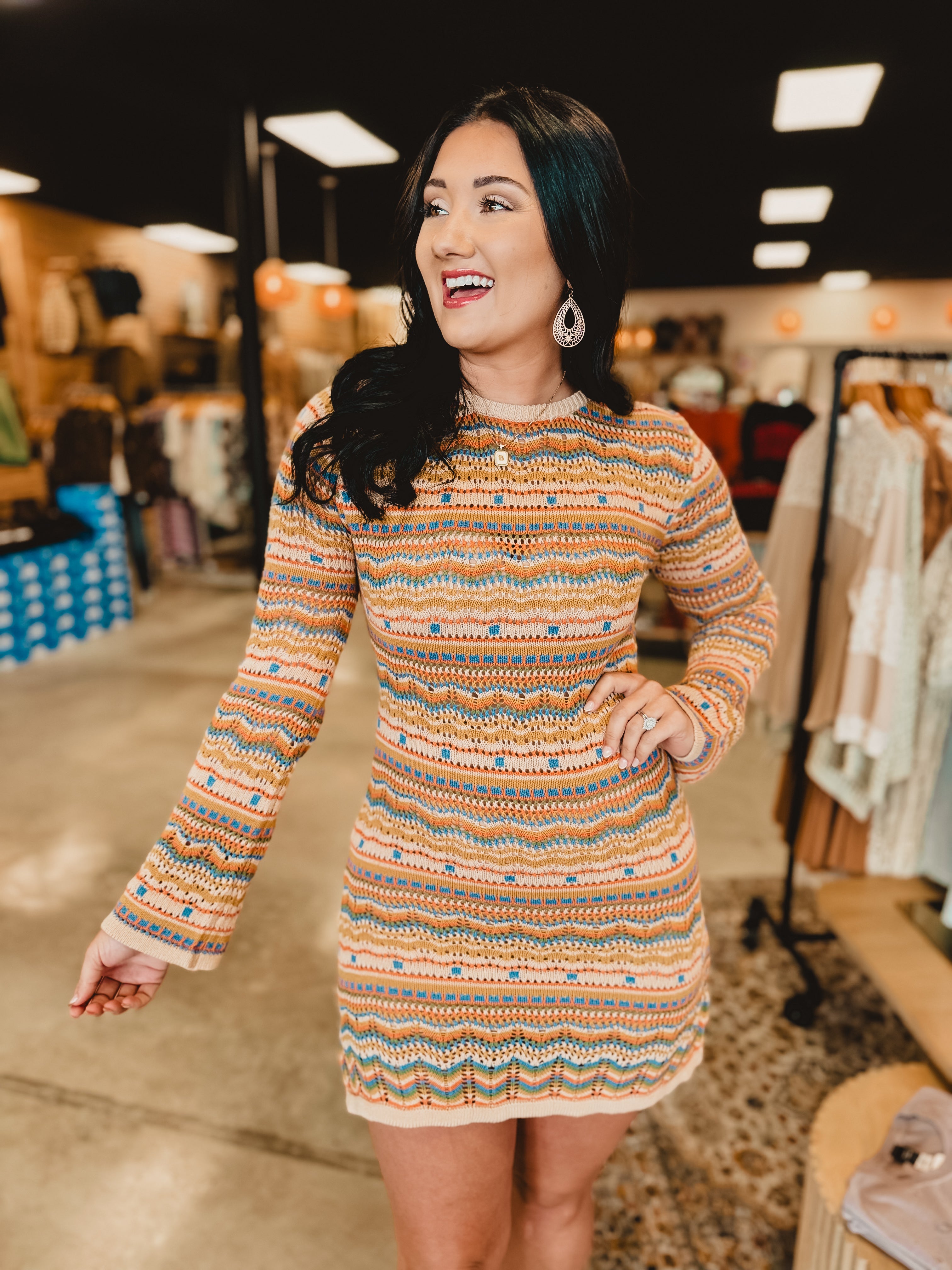 Crochet Long Sleeve Boho Dress - Taupe Multi - Lace and Grace Boutique