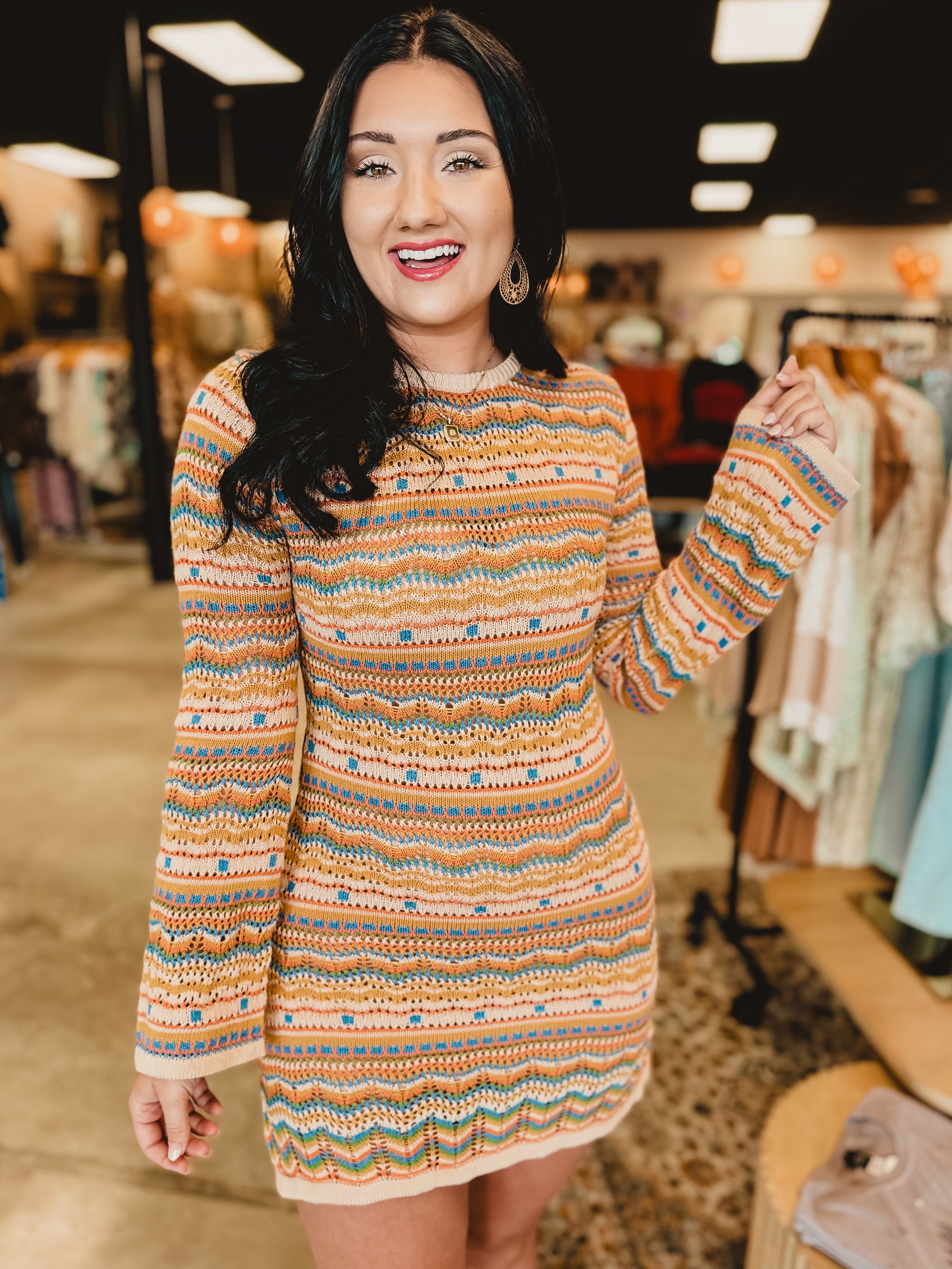 Crochet Long Sleeve Boho Dress - Taupe Multi - Lace and Grace Boutique