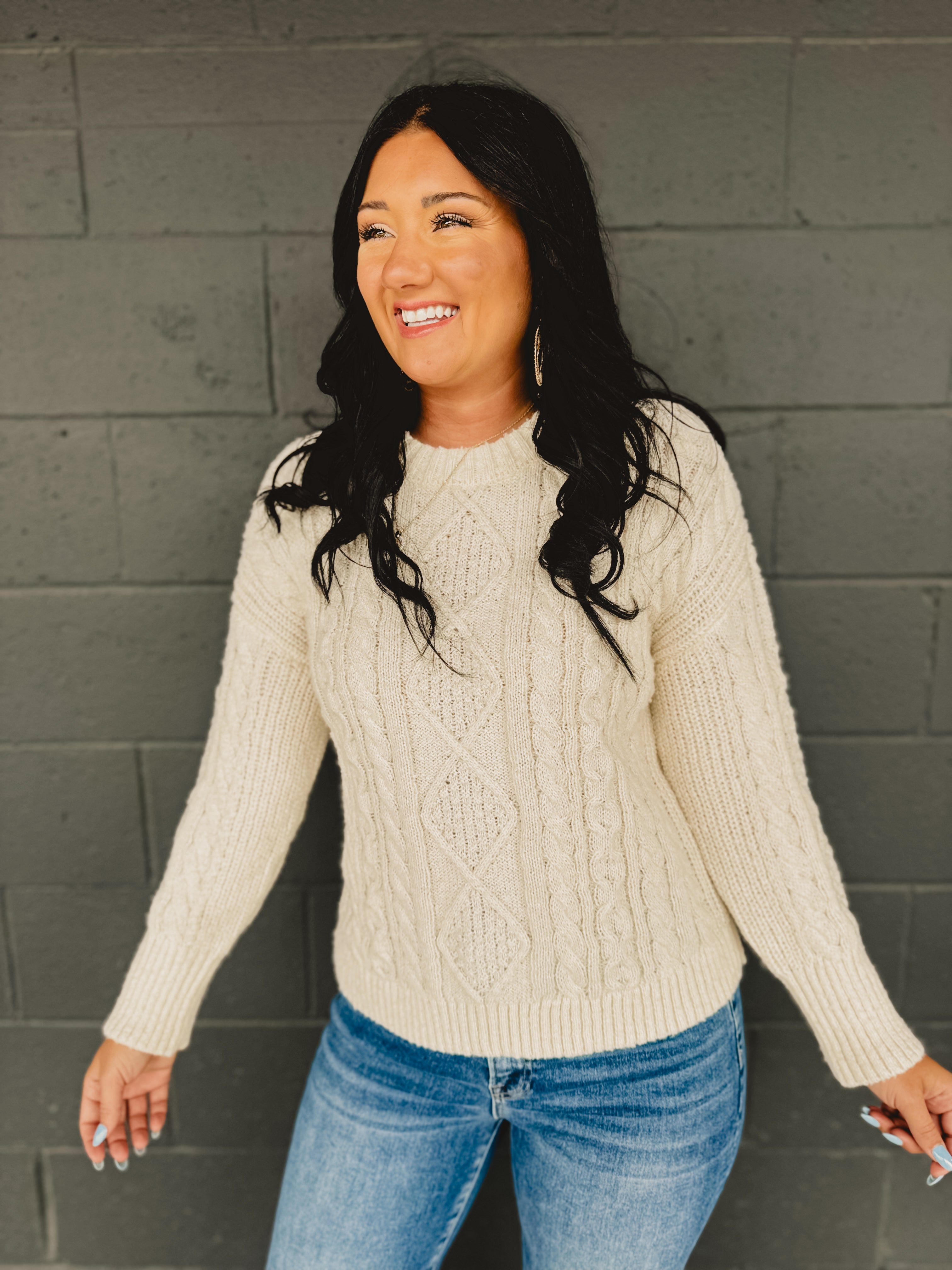 Cable Knit Crewneck Long Sleeve Sweater - Cream - Lace and Grace Boutique