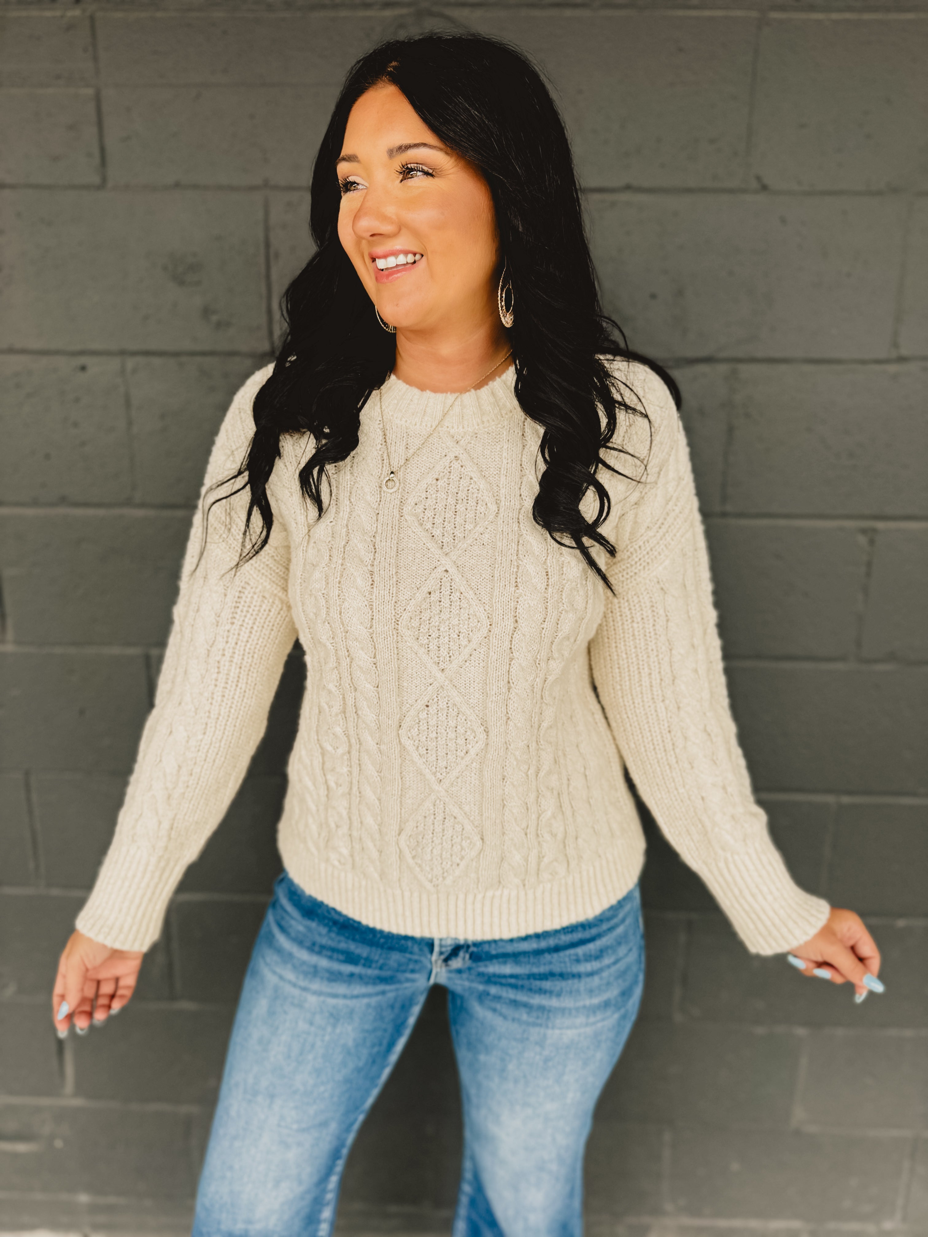 Cable Knit Crewneck Long Sleeve Sweater - Cream - Lace and Grace Boutique