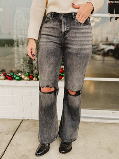 Mica Super High Rise Distressed Wide Leg Jean - Washed Black - Lace and Grace Boutique