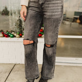 Mica Super High Rise Distressed Wide Leg Jean - Washed Black