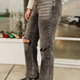 Mica Super High Rise Distressed Wide Leg Jean - Washed Black