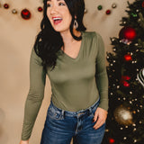 Basic Buttery Soft Long Sleeve V-Neck Top - Lt Olive