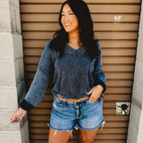 Oversized V-Neck Washed Sweater - Navy