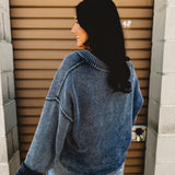 Oversized V-Neck Washed Sweater - Navy