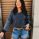 Oversized V-Neck Washed Sweater - Navy