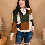 Color Block Button Up Sweater - Ecru