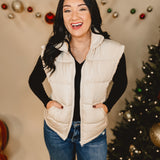 High Neck Casual Comfy Puffer Vest - Ecru