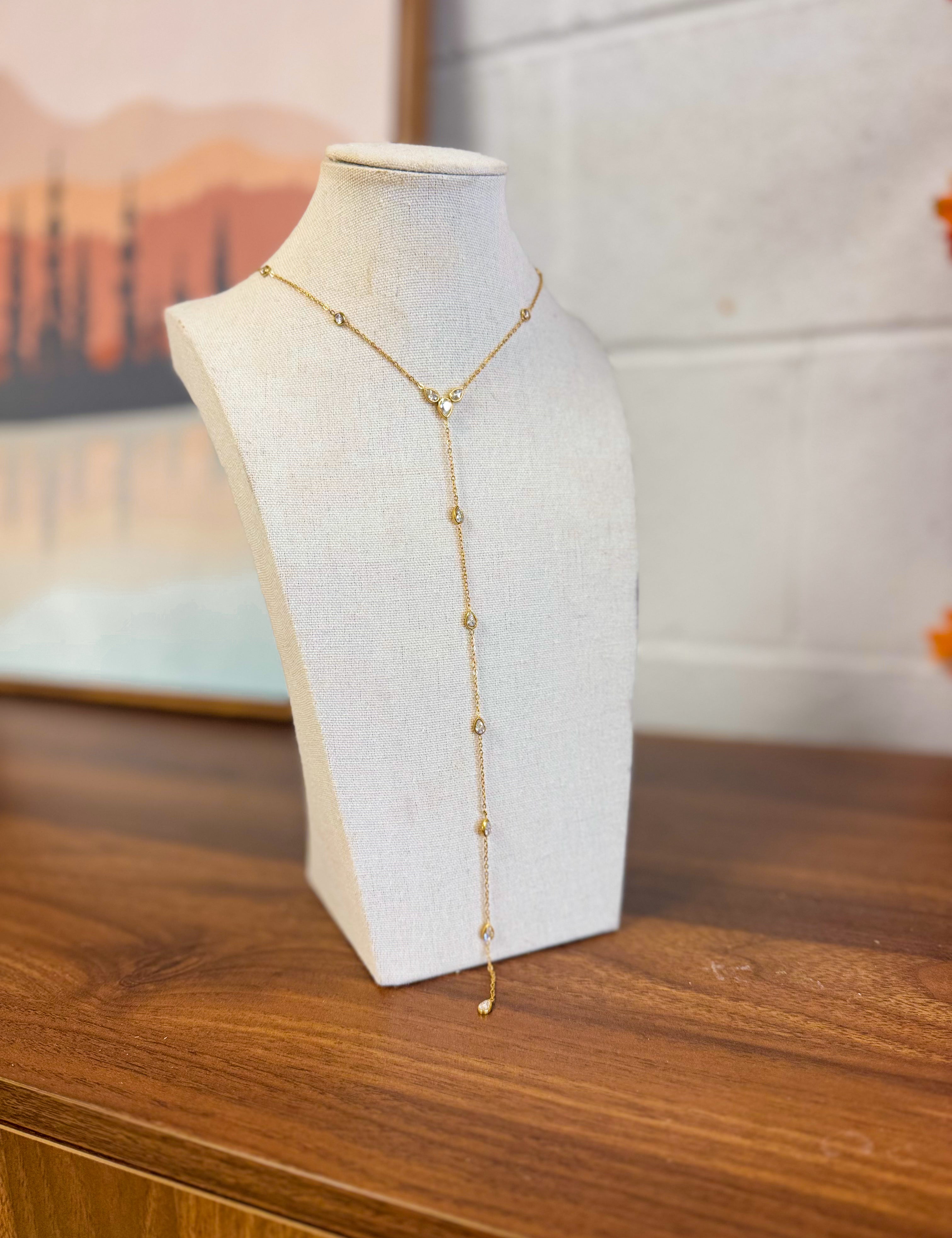 Crystal Accent Dainty Chain Lariat Necklace - Lace and Grace Boutique