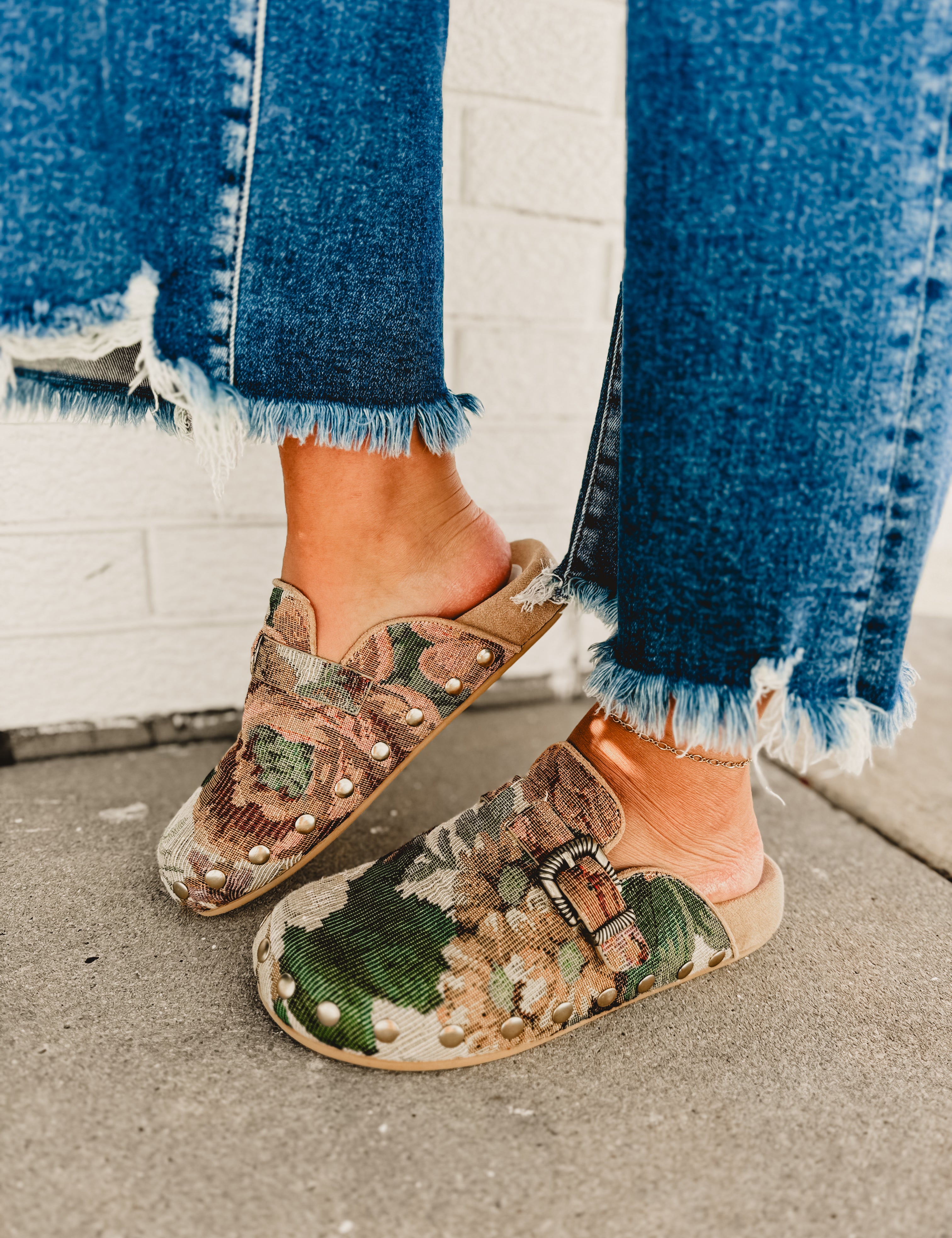 The Toni Studded Buckle Clog - Floral Tapestry - Lace and Grace Boutique